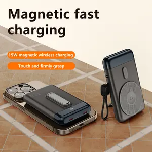 15W Magnetic Fast Charging Power Bank 10000mAh Built-in Cable Phone Holder Wireless Charging Touch Firmly Grasp