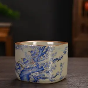 Ru Porcelain Tea Cup Master & Guest Open Glaze Blue Bird Design Single Ceramic for Brewing Sipping Elegant Versatile Use