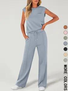 2 Piece Women's Sleeveless Casual Sports Set, Fashionable Wide Leg Athletic, Stylish Sportswear for Comfort, Athleisure Wear Set