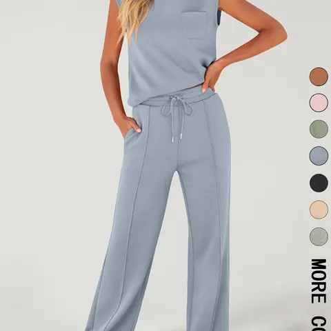 2 Piece Women's Sleeveless Casual Sports Set, Fashionable Wide Leg Athletic, Stylish Sportswear for Comfort, Athleisure Wear Set, Summer Athletic Wear, Summer Activewear, Workout Casual Wear, Athleisure Clothes, Athleisure Outfits
