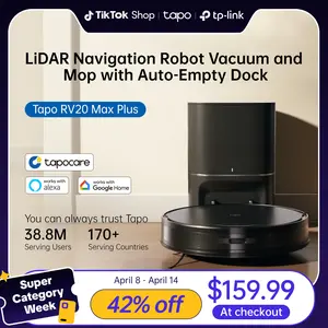 Tapo RV20 Max Plus Ultra-Slim Robot Vacuum and Mop with 5300Pa Suction, MagSLIM LiDAR Navigation, Auto-Empty Dock, 97% Dust Pickup, Alexa & Google Home Compatible - Deep Cleaning Machine Deep Cleaning Machine Automatic Wireless