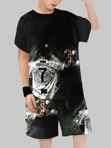 Boys Cristiano Ronaldo 7 Jersey Short Sleeve Set, Football Star Print Shorts & Tee Two-Piece, Summer Casual Kids Clothing Children