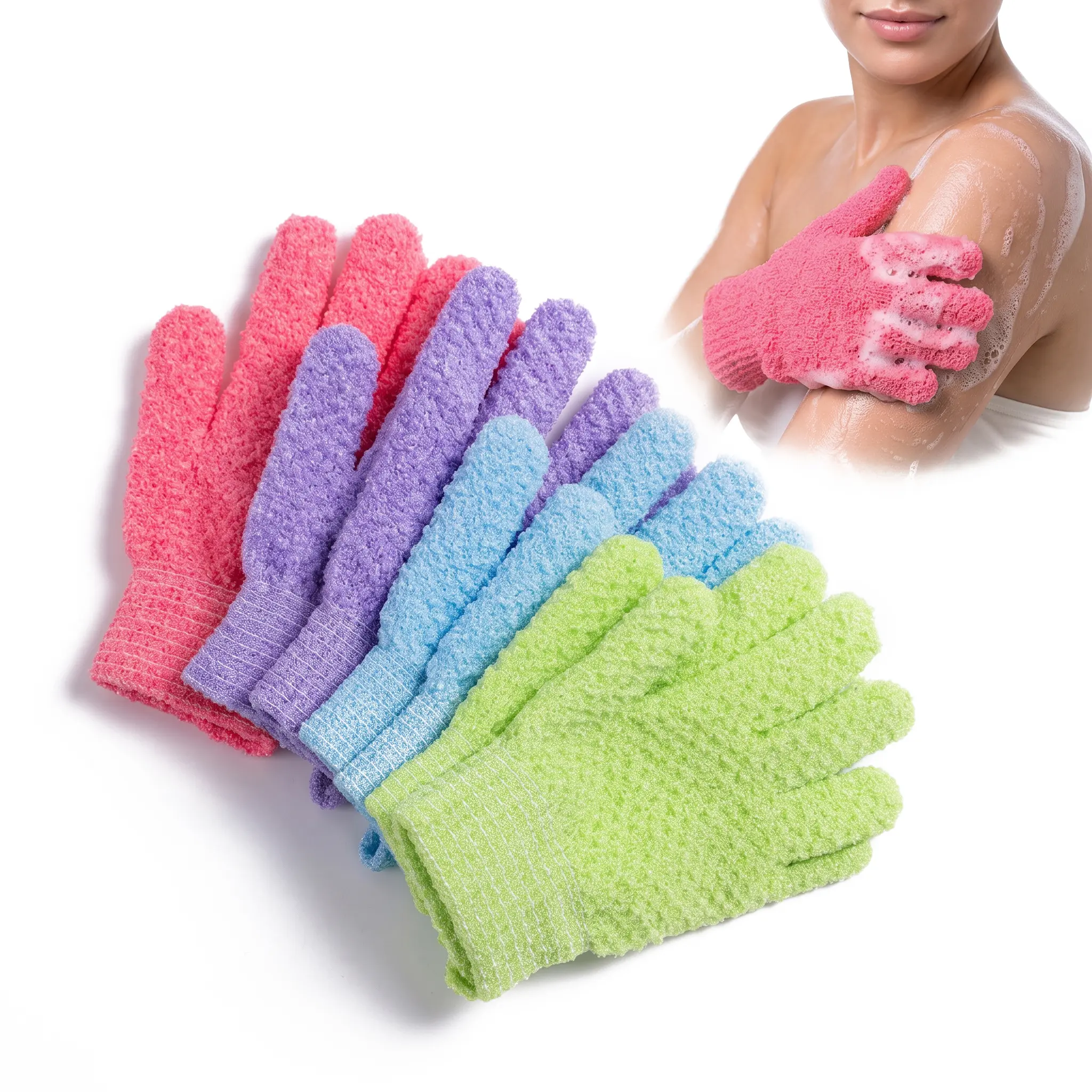 4 Pairs Nylon Exfoliating Bath Gloves - Body Mitts, Body Back Scrubber, Exfoliating Scrubber, Soft Skin-Friendly Self Care Products, Deep Cleansing, Rich Lather, Reusable, One Size, Home Spa Bathroom Accessories for All Skin Types