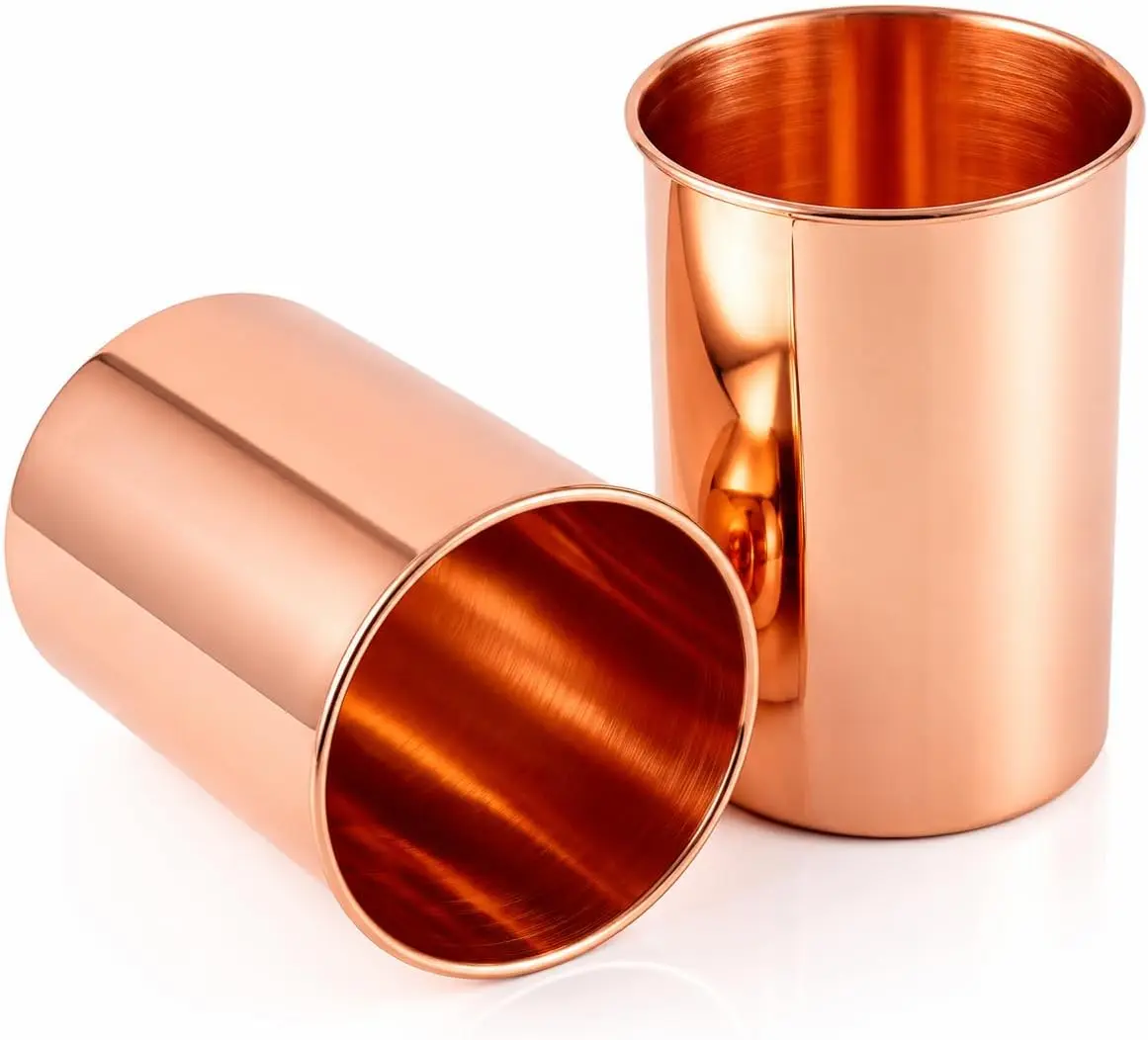 Pure Copper Drinking Cups Set of 2, 350ml (11.8 oz) – Ayurvedic Copper Tumblers, Lacquer-Free, Unlined & Uncoated Copper Water Cups for Home, Office & Travel