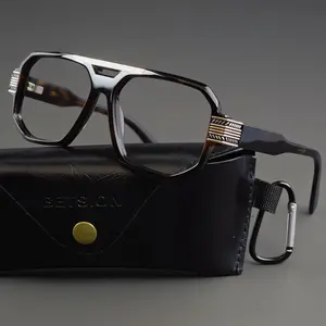 BETSION Oversized Square Thick Acetate Frames Heavy Metal Acetate Eyeglass Frames for Big Face Rock Style with Spring Hinges for Ultimate Comfort