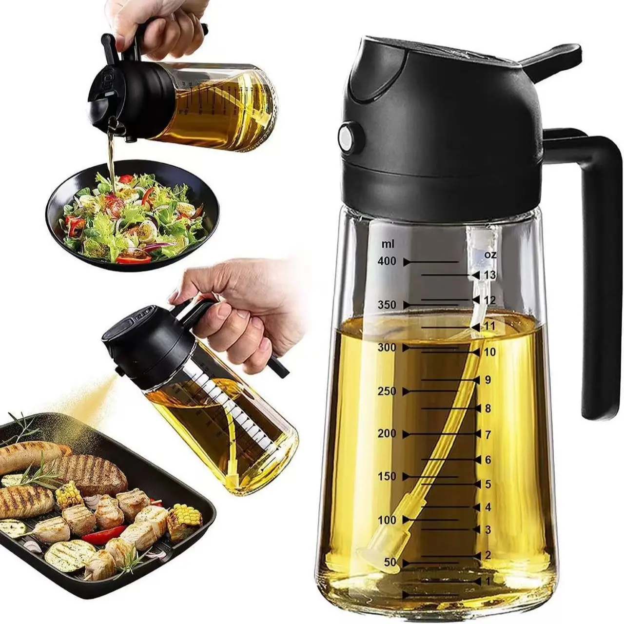 6 Oz/470 Ml Cooking Glass Olive Oil Spray Bottle, 2-In-1 Olive Oil Dispenser, Olive Oil Sprayer for Kitchen Gadgets, Air Fryer, Salads, Grilling
