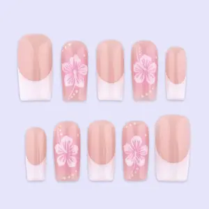 Spring Blush Floral French Press On Nails, Soft Pink Fake Nails in Medium Square, Handmade Nail Art for Everyday Wear or Gift