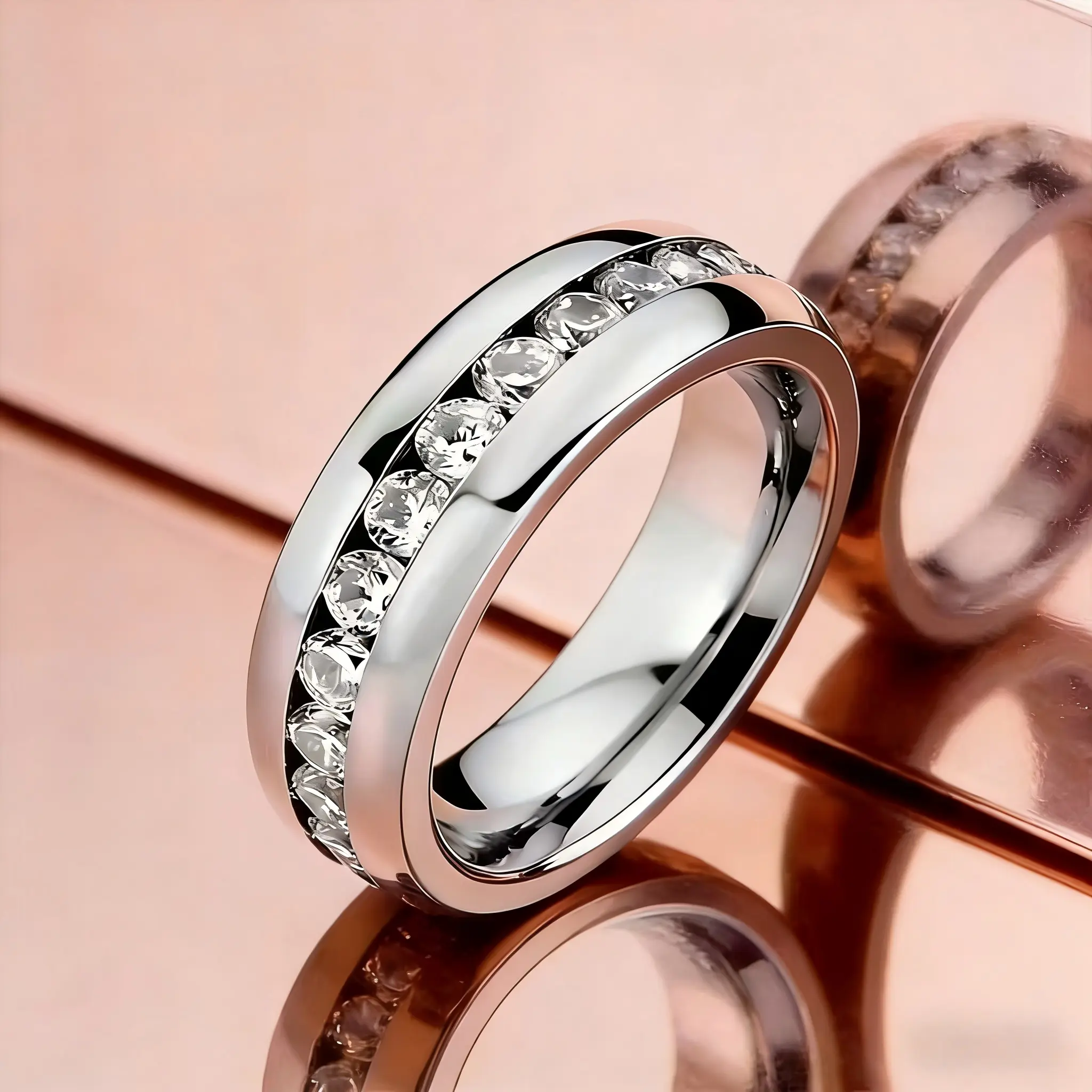 Artificial Diamond Ring, 6mm Full-Row Cubic Zirconia Eternity Band, 925 Silver Plated Unisex Wedding & Engagement Gift, Artificial Diamond Rings