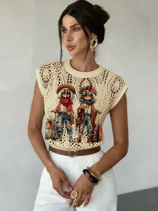 Women's Vintage Print Round Neck Sleeveless Short Sweater Vest, Casual Knit Top, Comfortable Versatile Clothing for Spring Summer Fall