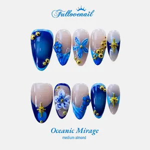 Fullovenail Almond Shape Blue Daisy 3D Flower Handmade Press on Nail Acrylic Gel System