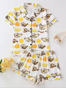 Women's All Over Print Shirt & Shorts Pyjama Two-piece Set, Casual Comfy Short Sleeve Top & Shorts Set, Ladies Sleepwear for All Seasons, Shorts Pj Set