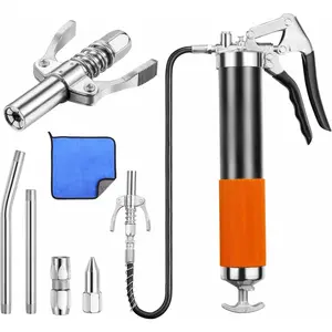 Grease Gun with Quick Release Coupler and Towel, 9000 PSI Professional Heavy Duty 14 oz Grease Gun with 18 Inch Spring Flex Hose, 1 Reinforced Coupler, 2 Extension Rigid Pipe and1 Sharp Nozzle