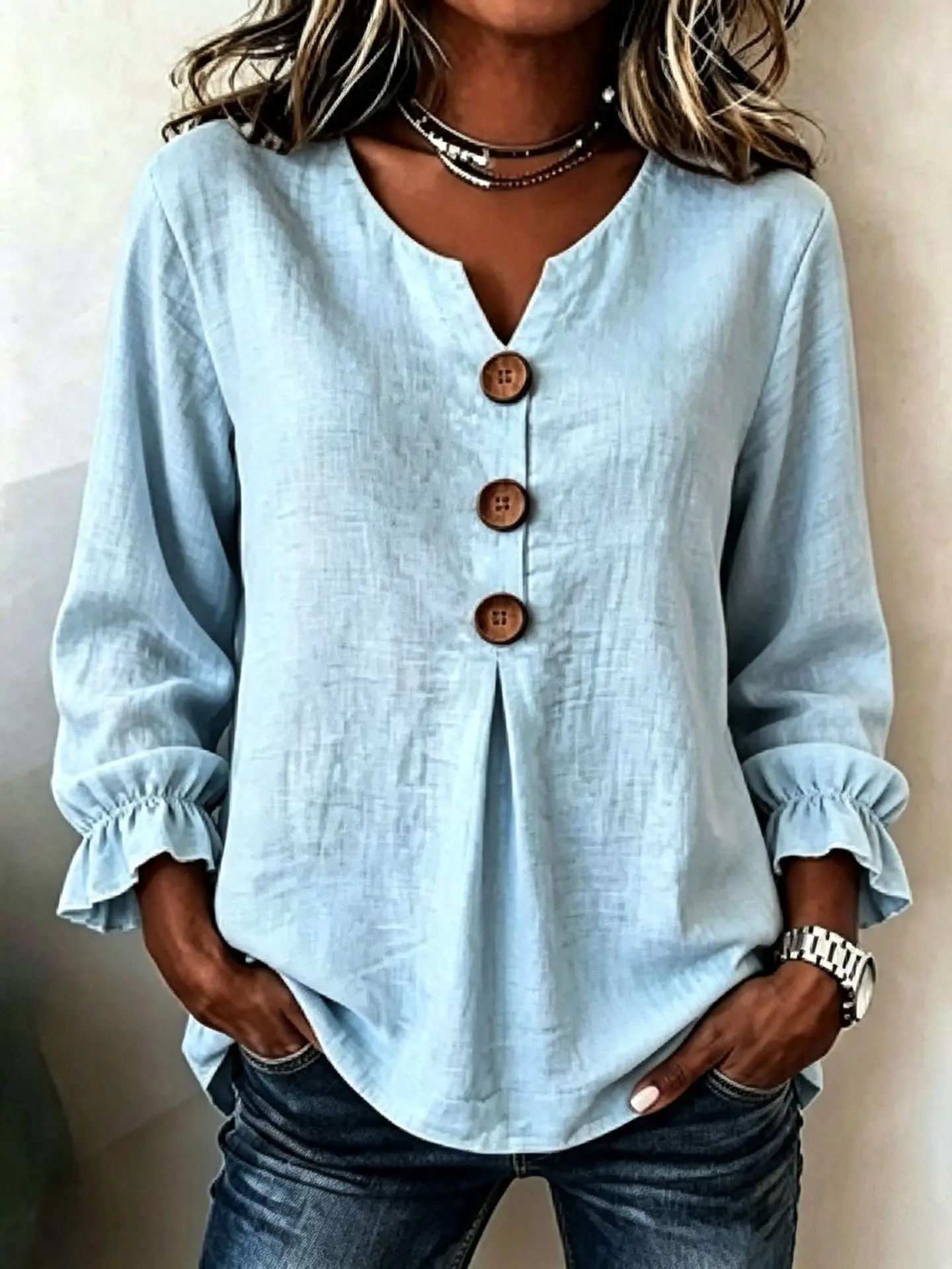 Women's Casual Long Sleeve Button Down Blouse, V Neck Linen Tops with Ruffle Cuffs, Lightweight Textured Loose Fit Shirt for Spring Summer Everyday Wear, Women's Casual Tops, Elegant Tunic Blouse
