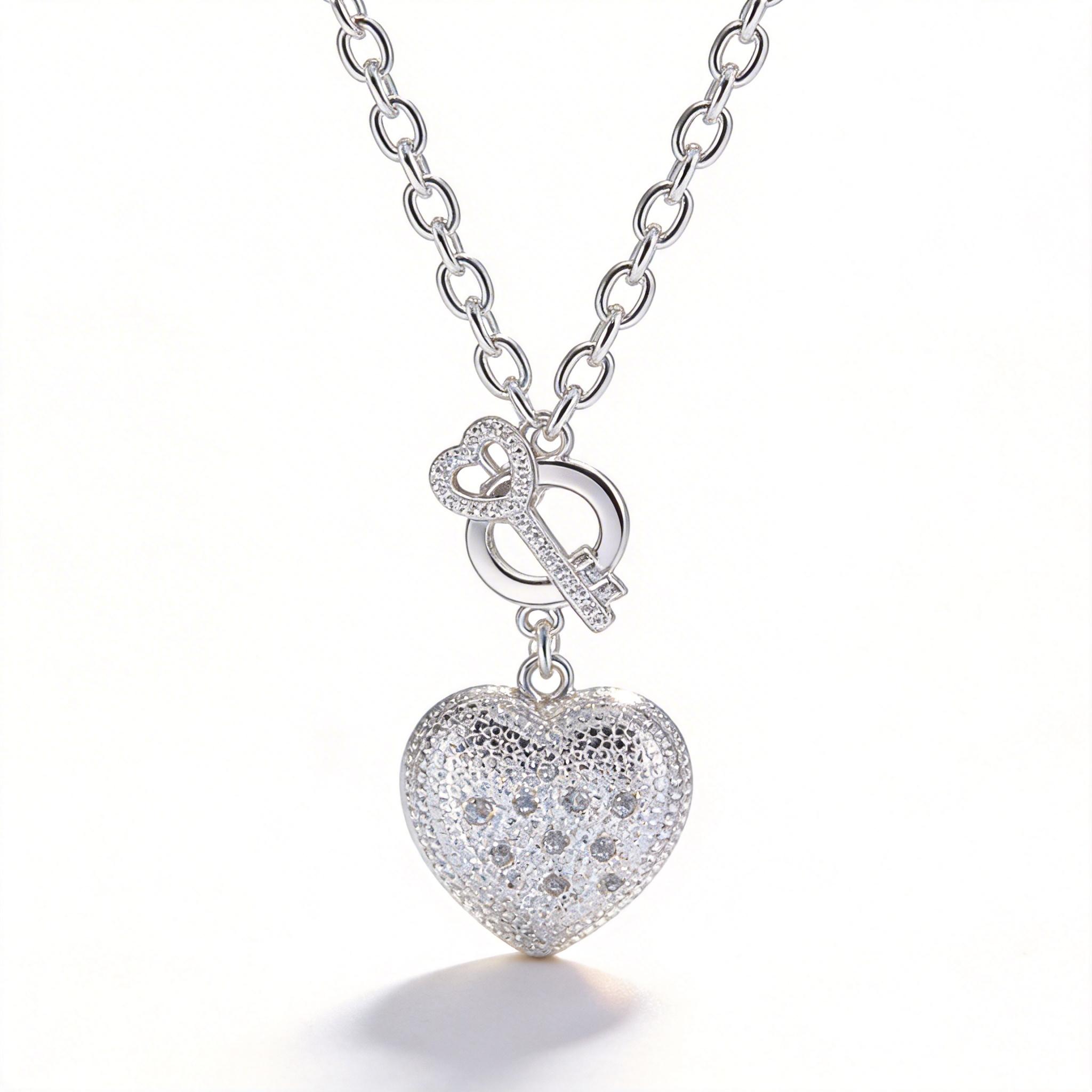 925 Silver Plated Puffed Heart Key Pendant Necklace, 18 Inches, Cubic Zirconia Pave Heart Necklace, Hypoallergenic Y2K Chunky Chain Necklace for Women, Romantic Gift for Her