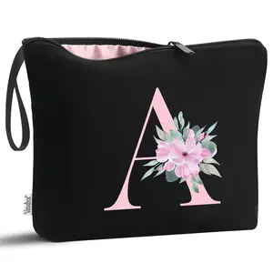 A-Z Personalized Makeup Bag, Birthday Gifts for Women Mom, Gifts for Best Friend, Bride Bridesmaid Cosmetic bag (A, Black)
