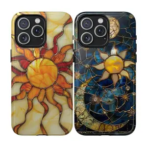 Sun & Moon Stained Glass iPhone Case – Luxury Artistic Protective Cover Two-In-One Drop-Resistant Mobile Phone Case Protection, Shockproof For IPhone 17-12, Pro Max, Pro Plus, and Samsung S25 24 23 Safety Case