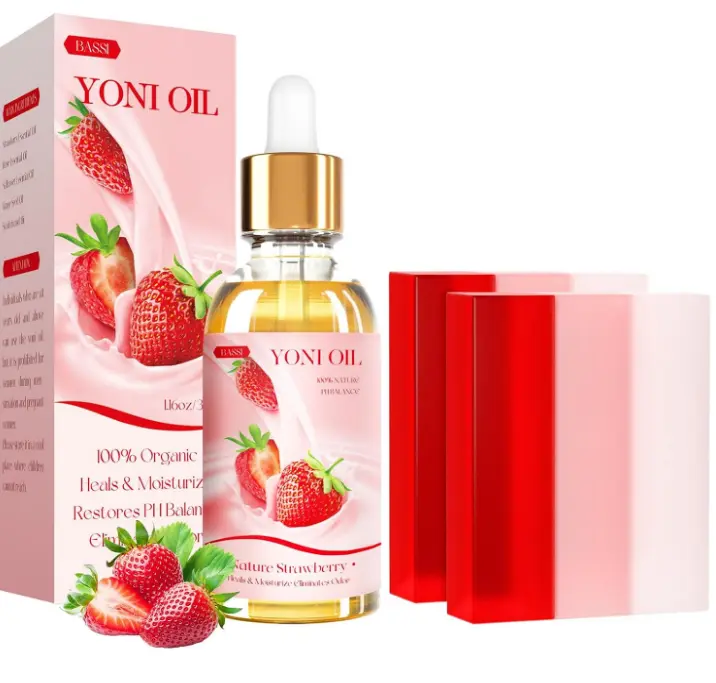 Yoni Soap Bars & Yoni Oil Set, Natural Yoni Wash for Women pH Balance | Natural Feminine Wash Deodorants for Eliminates Odor, Strawberry Feminine Oil 30ml/1 oz, 2pcs 3.53 oz Bath Soap