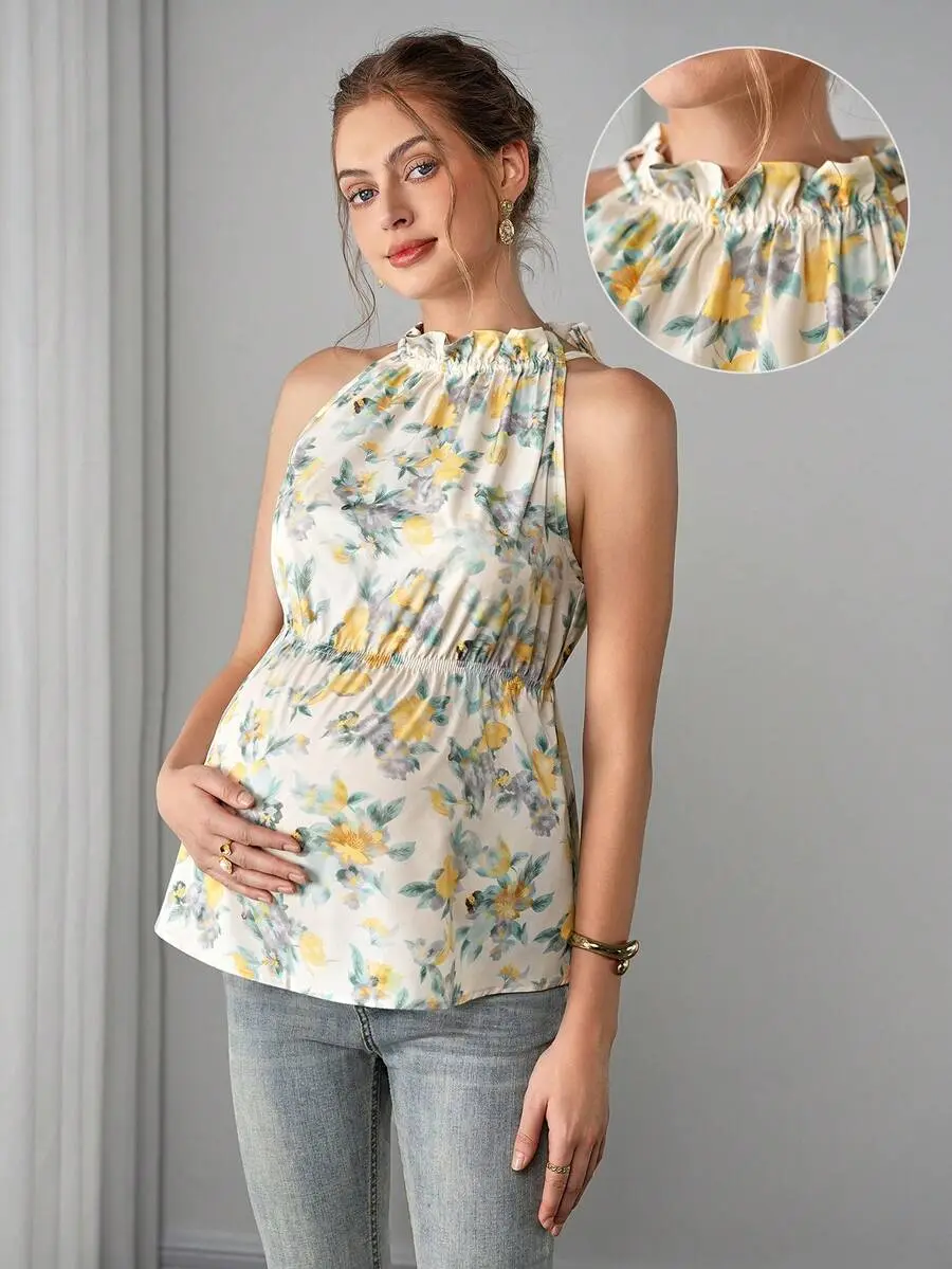 ROSY x Momance Floral Print Ruffle Hem Sleeveless Casual Top,Maternity Wear,Summer White Elegant Flowy Baby Shower Blouse,Babydoll Tops For Ladies Mother Wear