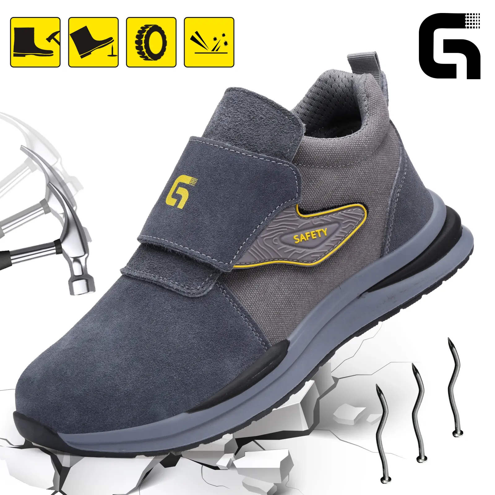 GUYISA Men's Chic Minimalist Fabric Worker Safety Footwear - 1 Pair Grey Closed Industrial Welding Boots, Velcro Design, Anti-Scald, Spark-Resistant, Easy On/Off, for Container/Shipyard Use, Safety in Hazardous Conditions, Procurement Model