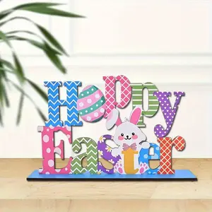 Easter Wooden Hanging Sign, 1 Count Happy Easter Letter & Rabbit Pattern Desktop Ornament, Centerpiece for Home Party Decoration, Party Decoration Supplies