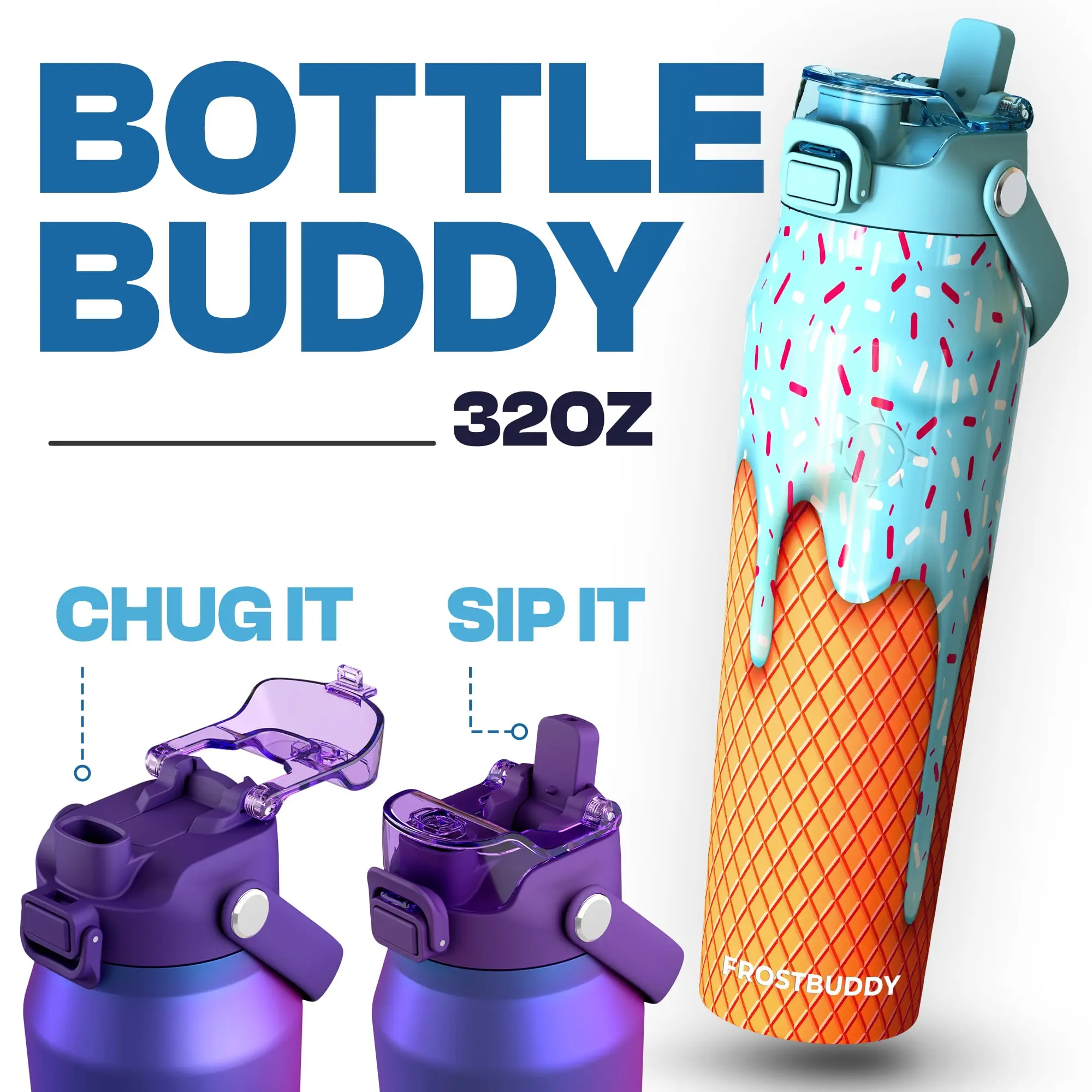 Bottle Buddy - Dual Function lid Water Bottle - Stainless Steel - Double Wall Insulated Bottle Buddy - Dual Function lid Water Bottle - Stainless Steel - Double Wall Insulated