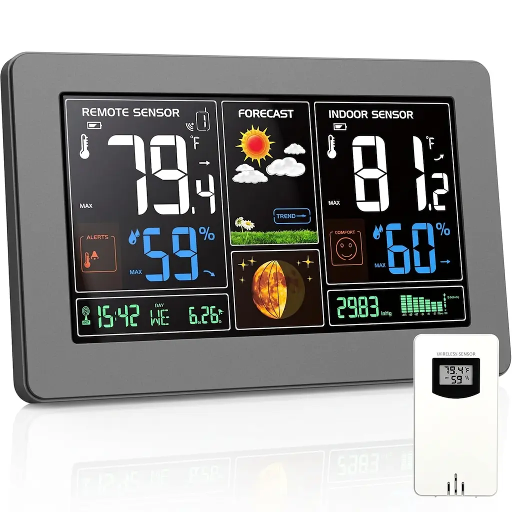 Veluxe Weather Station Wireless Indoor Outdoor Thermometer, Black, 1Sensor | Color Display Digital Weather Thermometer with Atomic Clock, Barometric Pressure, Forecast Station, Adjustable Backlight