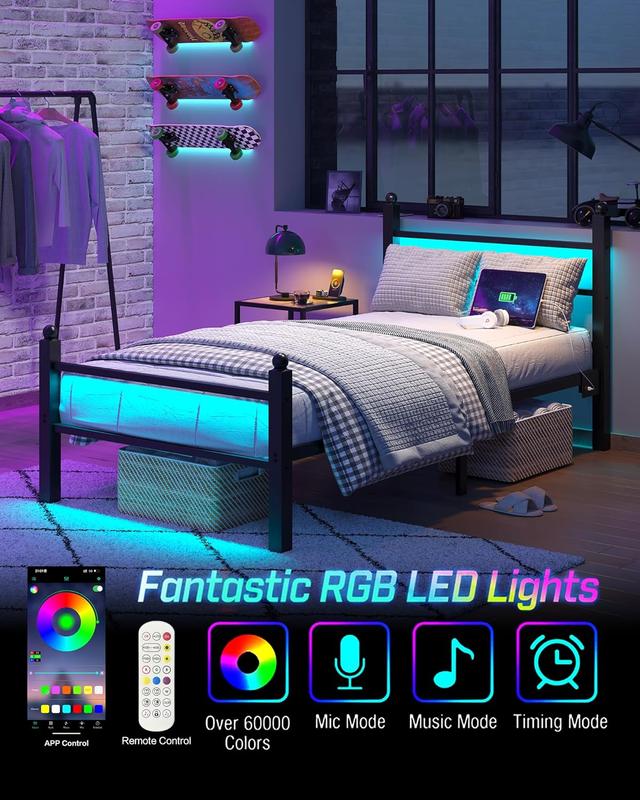 CollaredEagle Twin/Full Bed Frame with Headboard and Footboard,Steel Slats Support-LED Bed Frame with USB Charging Station,Mattress Foundation-Under Bed Storage,No Box Spring Needed,Noise Free.