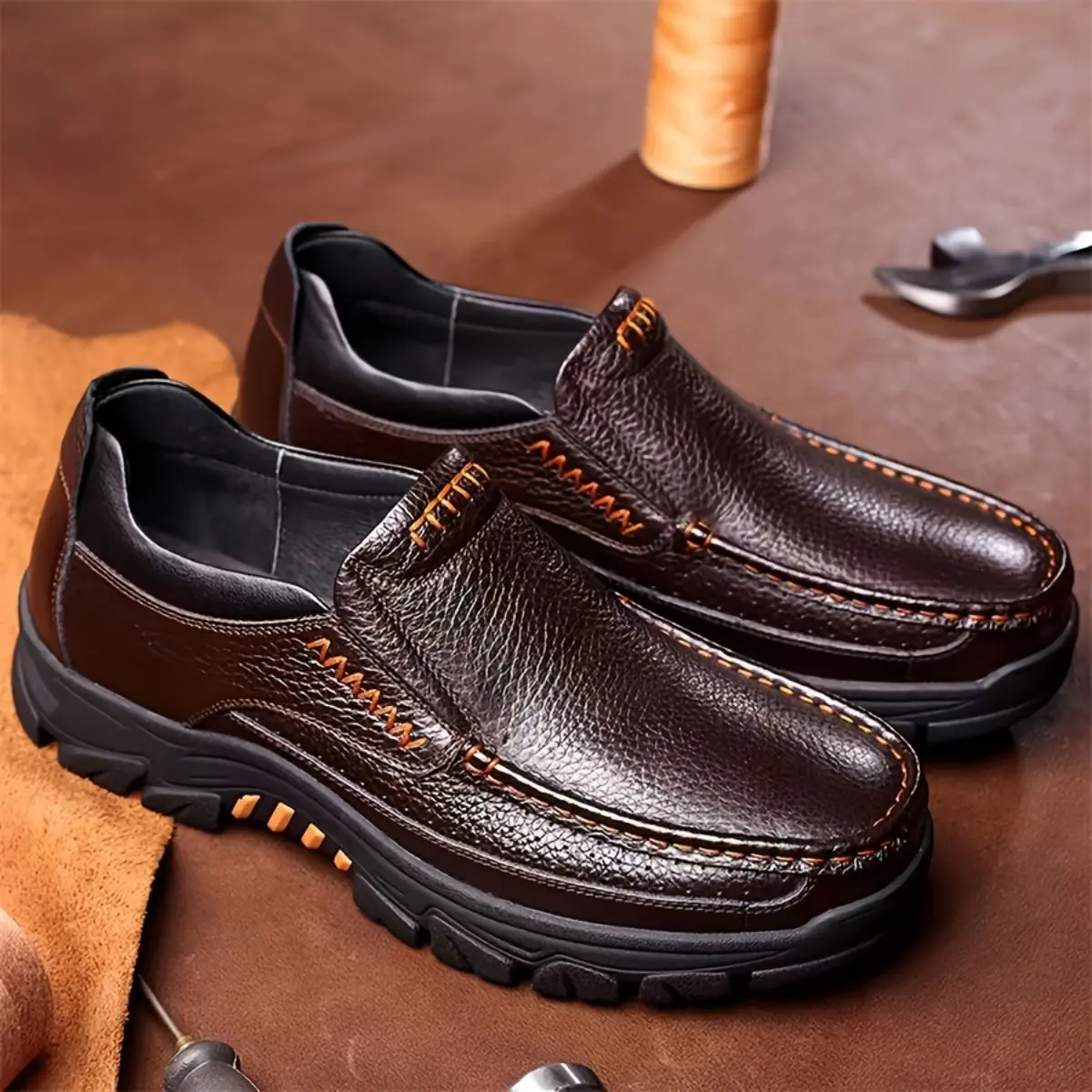Men'S Vintage Style Slip-On Loafers, Brown, for 40-50 Year Olds - Comfortable Round Toe, Non-Slip Rubber Sole, All-Season Casual Business Shoes with Side Zipper, Durable Footwear for Outdoor & Daily Wear, Outdoor Footwear | Square Toe Desig Boy Flat Black