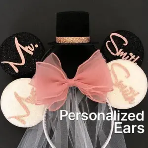 Pink bride minnie ear,bride & groom mouse ear,anniversary ear,wedding minnie ear,personalized micky ear headband,custom ears set,weddinggift