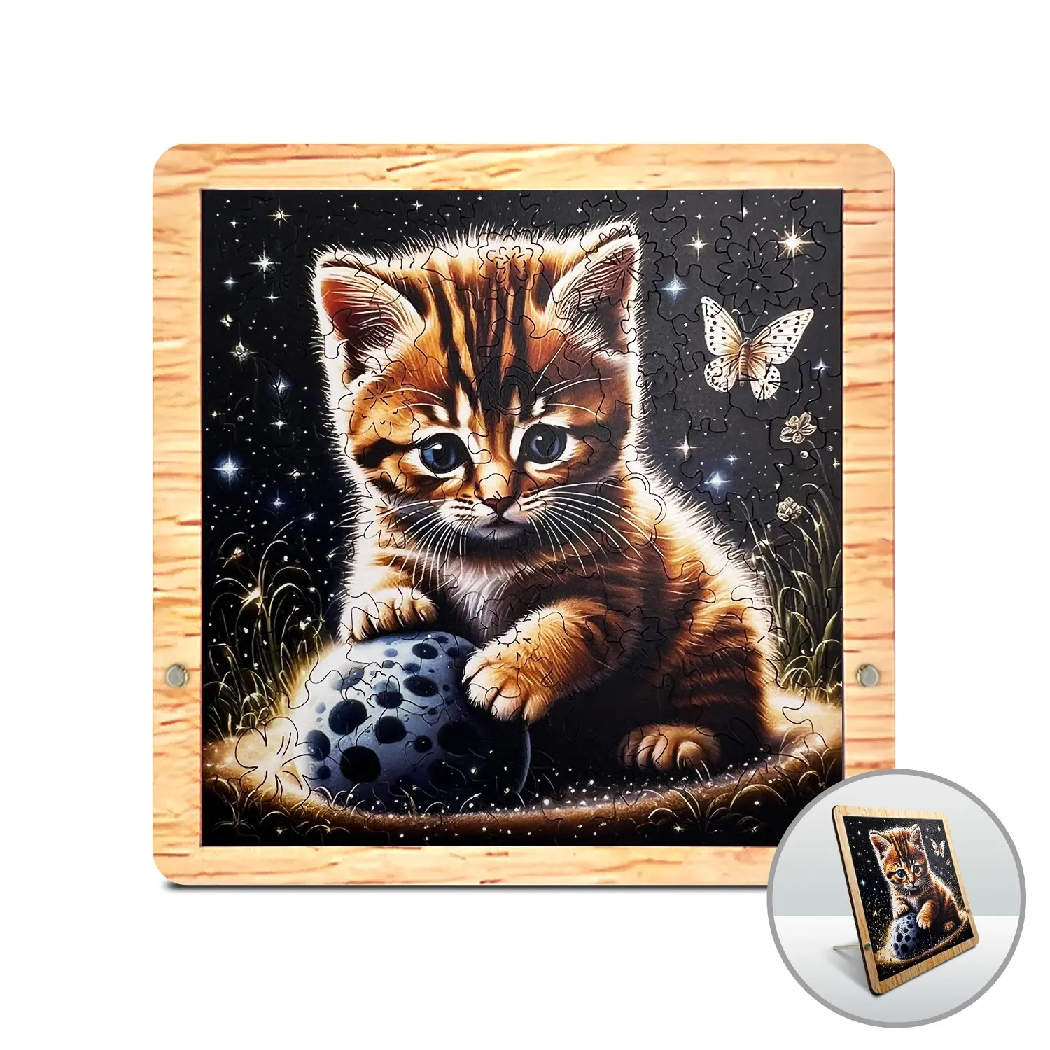 115 Pieces Cute Kitten Wooden Puzzle for Adults with Baseplate, Unique Shape Wooden Jigsaw Puzzles, Modern Art Home Decor, Good Gift Idea