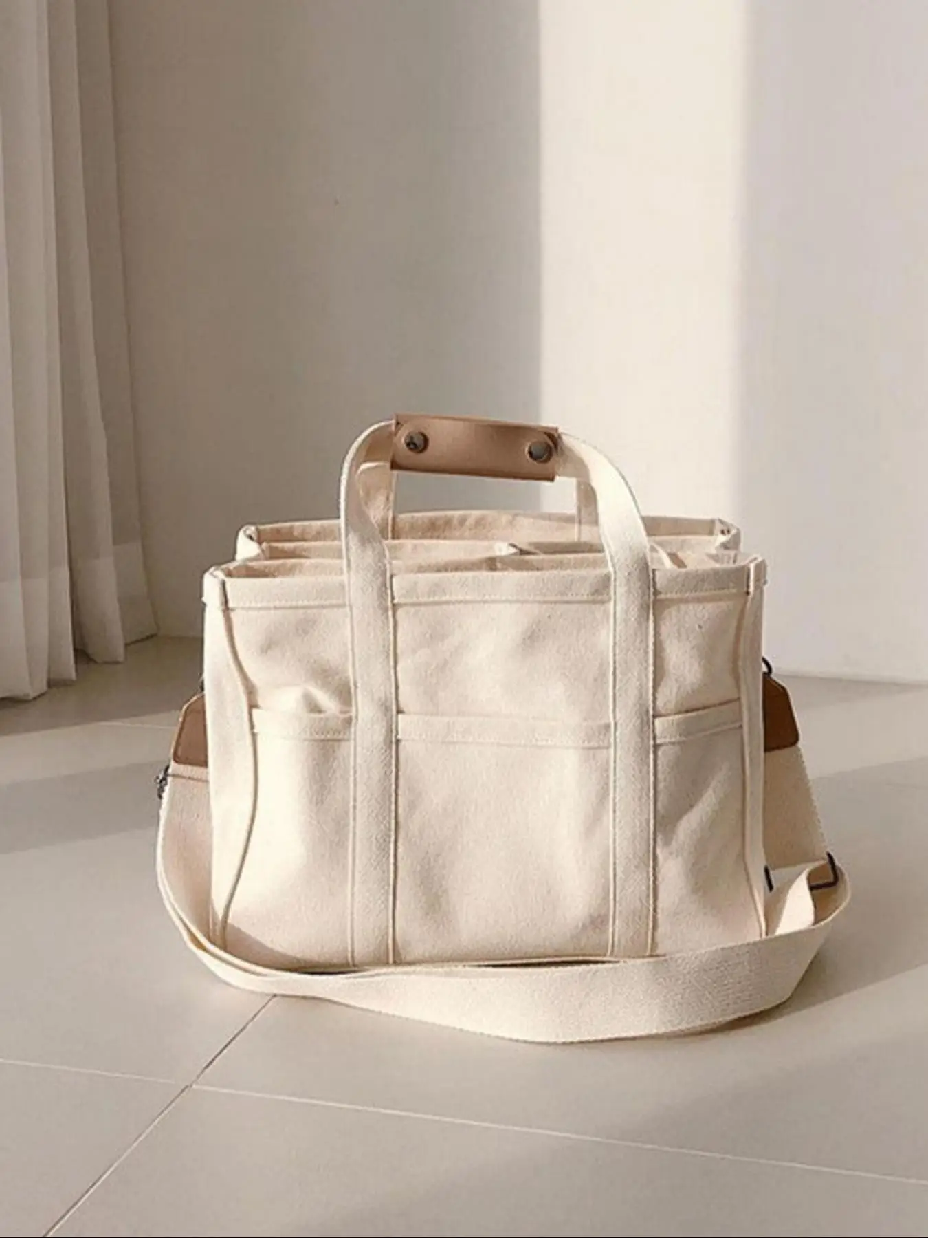 Casual Solid Color Large Capacity Tote Bag, Multi-pocket Design Summer Shoulder Bag for Women & Men, All-match Commuter Bag for Work Back To School, F