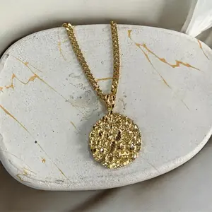 LSJ 14k Gold Plated Circle Nugget Pendant + Choose Chain: Figaro 24” Miami Cuban Link 24” Flat Cuban 24”