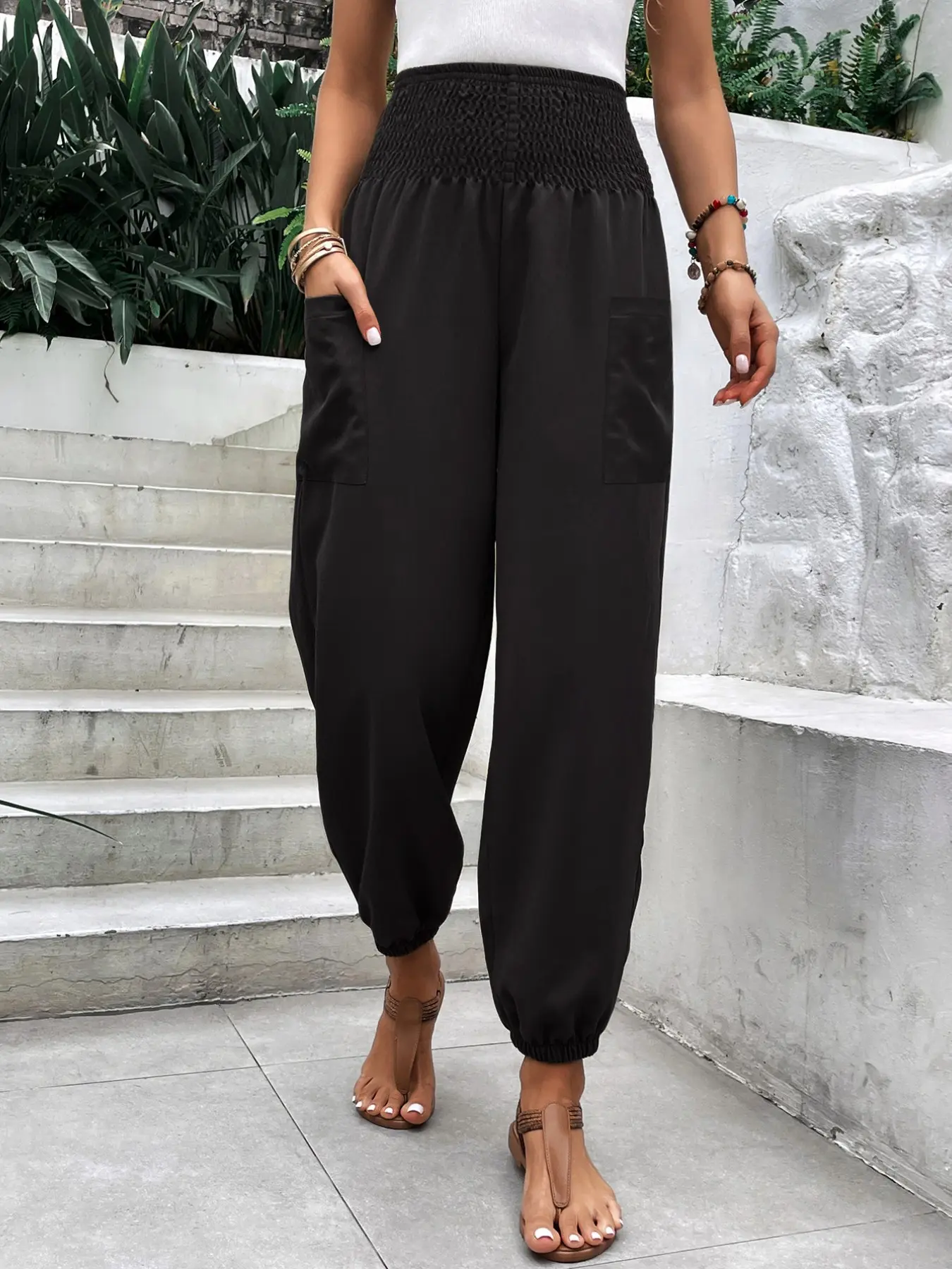 Women's Plain Basic Cargo Pants, High Waist Elastic Waist Slimming Ankle Pants, Loose Fit Casual Harlan Pants, Versatile Long Pants