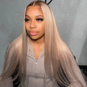 Ash Blonde Wig For Black Girls Transparent  HD Lace 13X4 Lace Frontal Wig Human Hair For Women Ombre Ash Blonde With Short Brown Roots Colored Bone Straight Hairstyle Brazilian Remy Hair Pre-Plucked Bleach Knots 180% Density Full Lace Front Wigs 32 INCHES