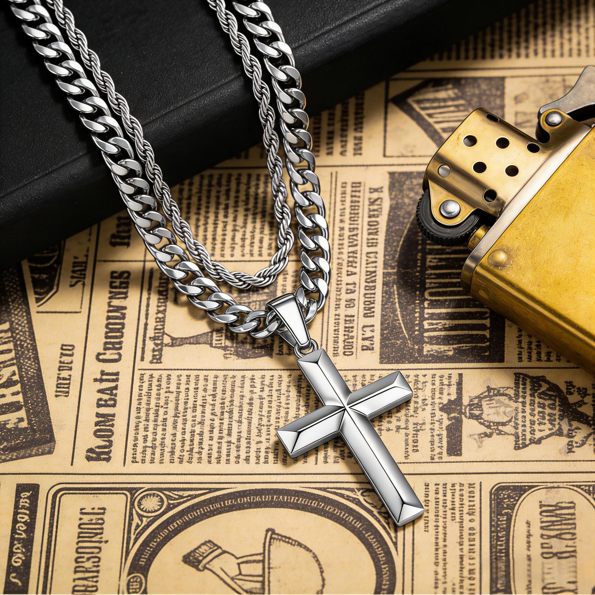 Stainless Steel Cross Pendant Necklace with Cuban Link Chain,50CM Polished Faceted Cross Necklace for Men Women,Designed for daily wear, hypoallergenic, oxidation-resistant, rust-proof and waterproof – durable, stylish and easy to layer.