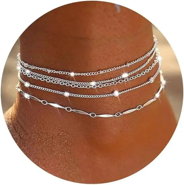 5-Piece Layered Chain Anklet Set for Women, Adjustable Waterproof & Hypoallergenic Brass Ankle Bracelets, Elegant Accessory for Beach, Anniversary & Valentine Gift, Fashionable Jewelry Accessories