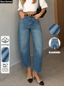 Elegant Casual High-Waisted Straight Leg Jeans, Comfortable Fit, All-Season Wear, Classic Washed Look, Button Fly, Pockets