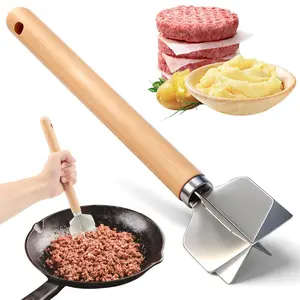 Stainless Steel Meat Chopper,6 Blade Ground Beef Masher with Wooden Handle, 11 Inch Potato Masher, Metal Meat Masher for Kitchen