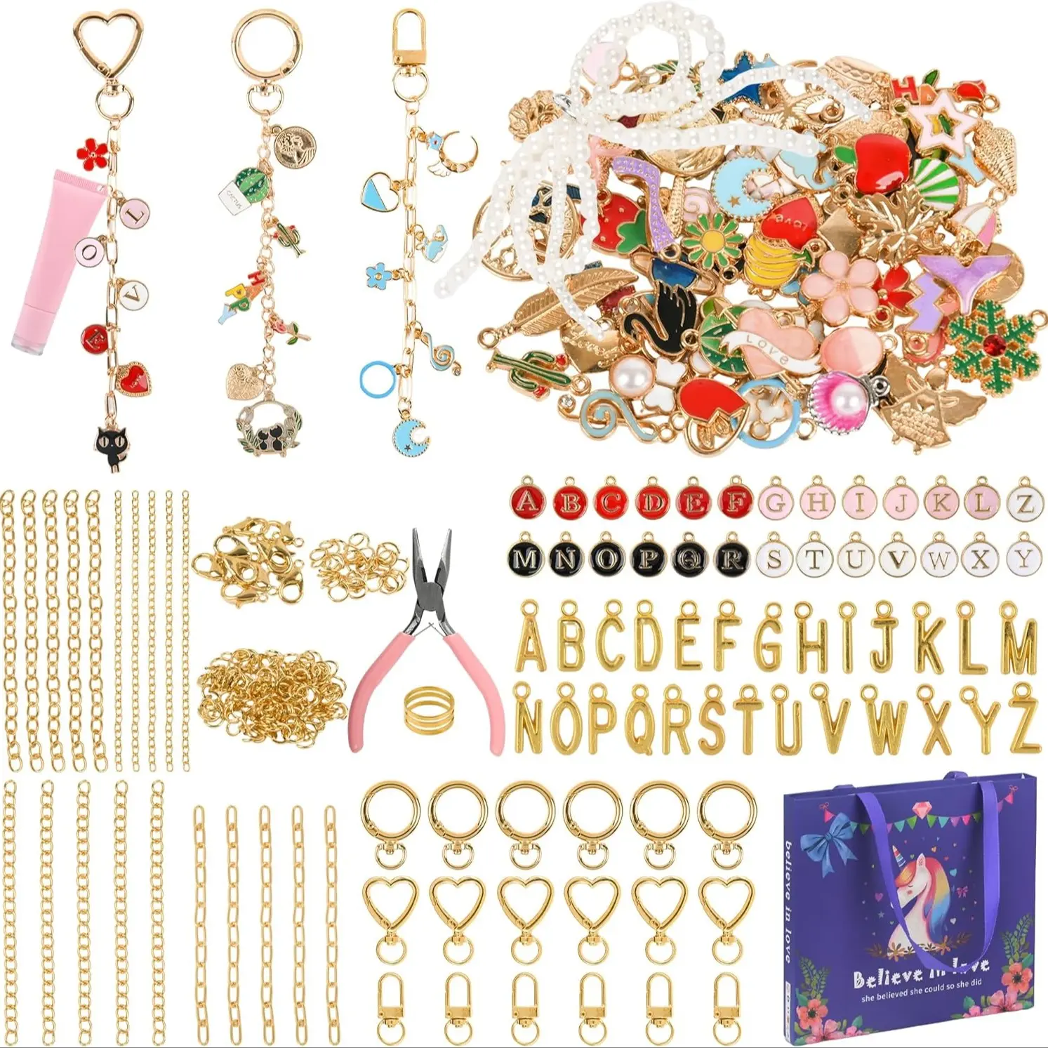 319 Piece Lipstick Keychain Making Kit, Includes 18 Keychains, 20 Extender Chains, 117 Charms, 150 Jump Rings, Jewelry Clamp, DIY Craft Set, Beading Making, Beads Set, DIY Beading Accessories, DIY Kits, DIY with Charms