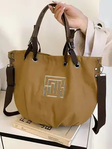 Stitched Letter Print Fenty Bag, Light Canvas Embroidery, Casual Commute Handbag, Soft Durable, Metal Buckle Detail