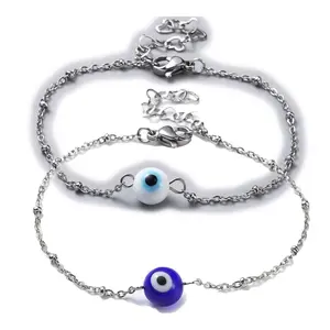 Handmade Evil Eye Beaded Bracelet Stainless Steel Lobster White Adjustable Z126
