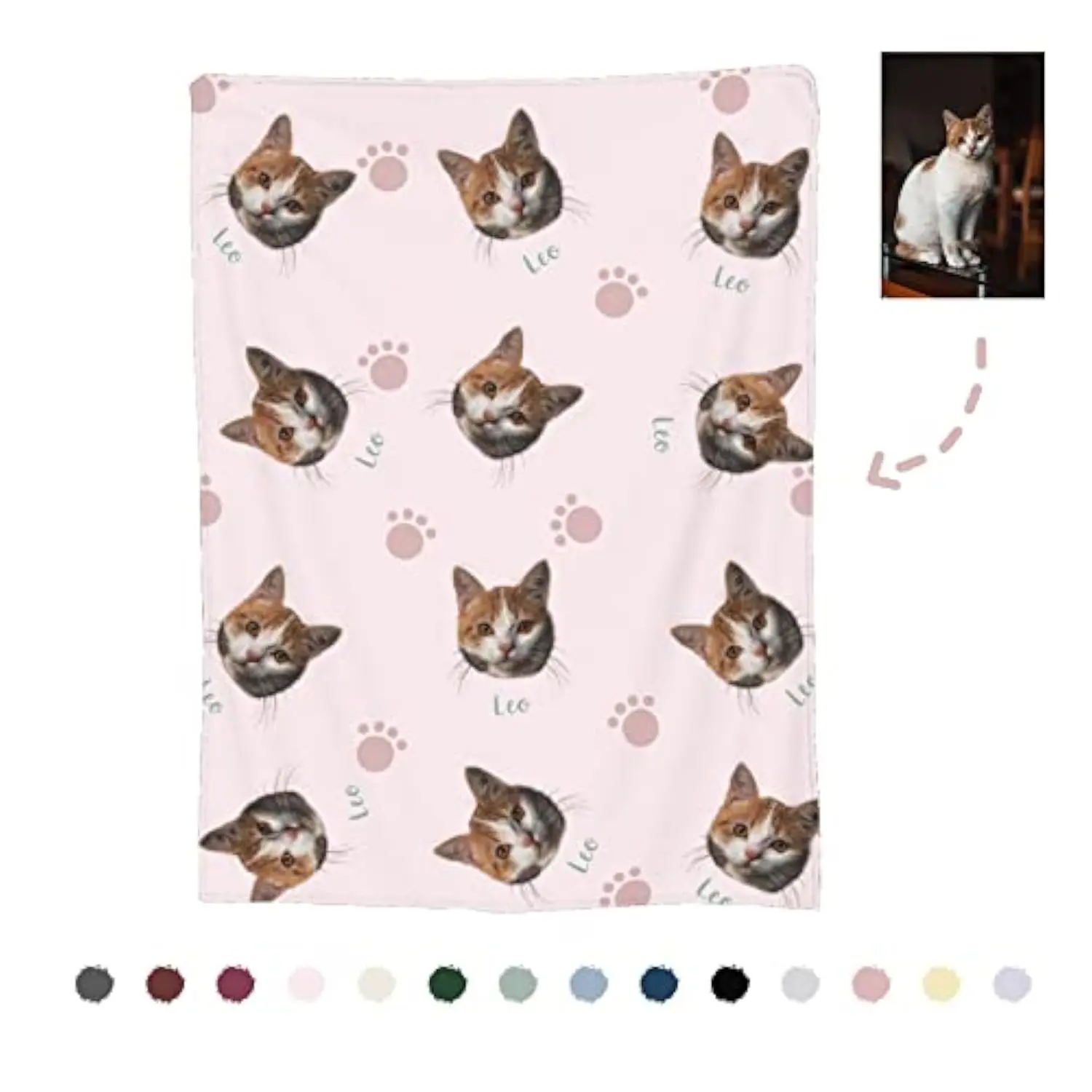 Custom Full Print Cat Face Flannel Fleece Blanket - Animals Themed, Custom Photo & Name, Wrinkle Resistant, Soft, Multi-Size (101x76cm/30x40in, 81x122cm/32x48in, 127x152cm/50x60in), Commemorative Gift for Grandparents