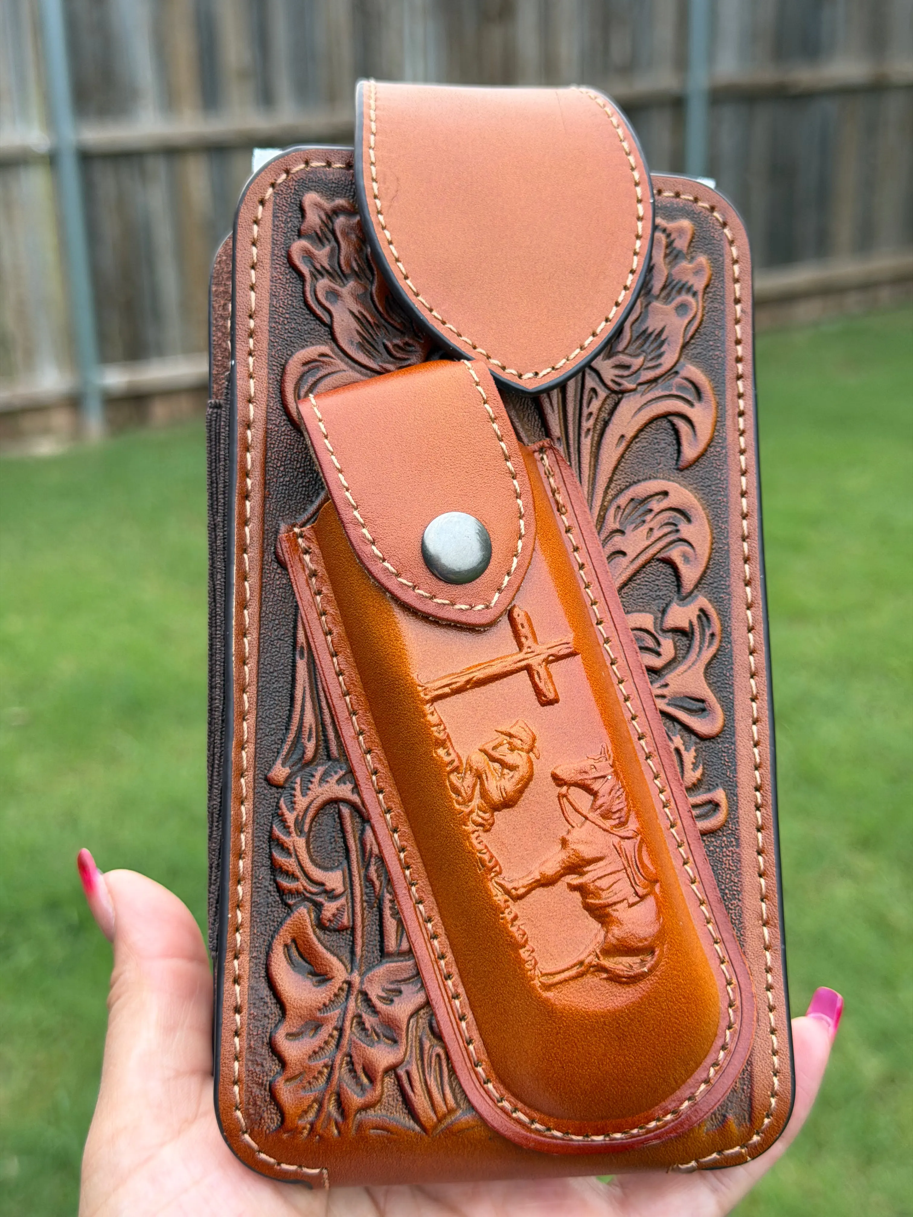 Western Genuine Leather Cell Phone Holster Belt Pouch with Cross &amp; Cowboy Design – Magnetic Flap &amp; Knife Holder