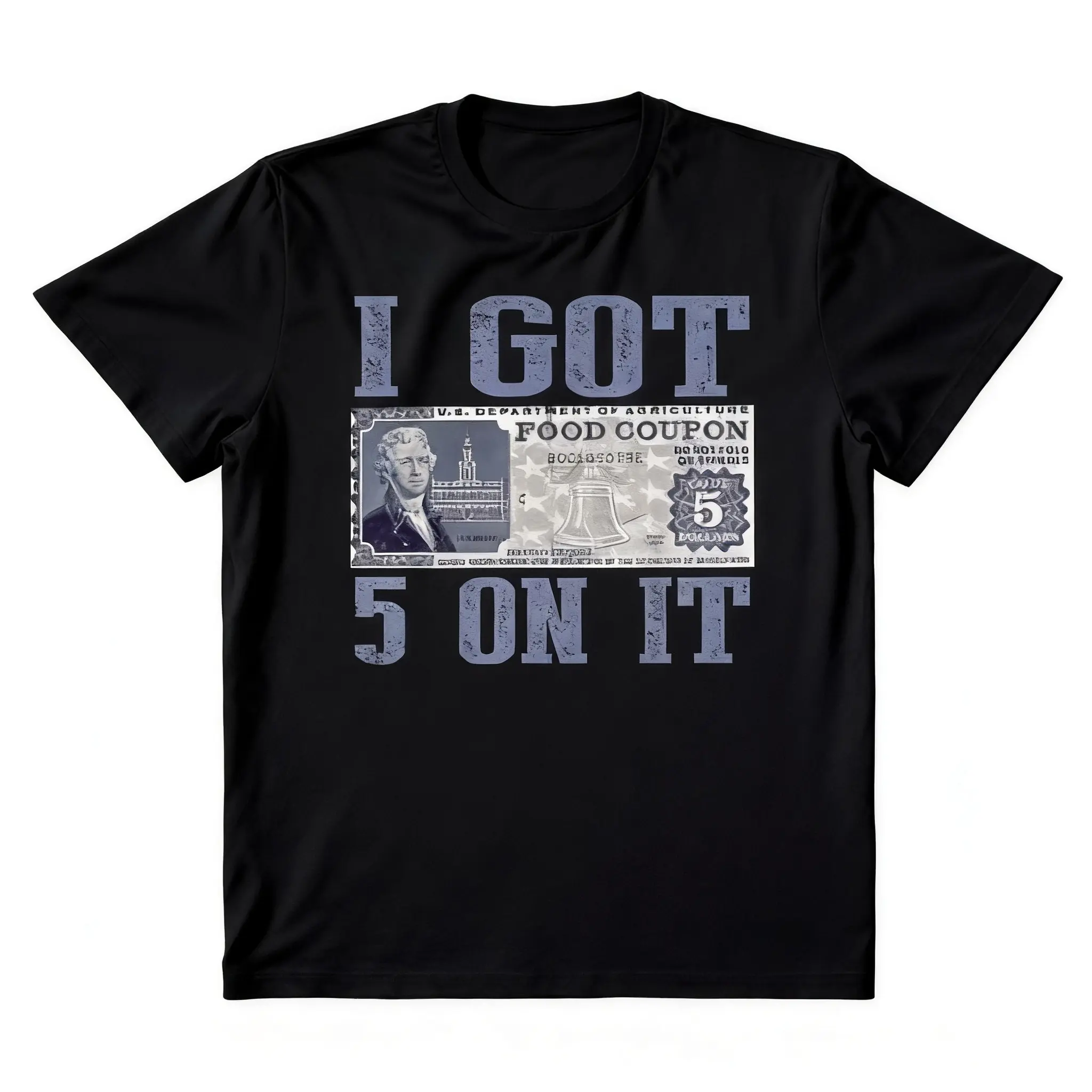 Men Exclusive Black Crew Neck Short Sleeve Tee, Vintage Distressed "I Got 5 On It" Retro 5 Dollar Food Coupon Bill Graphic Casual Street T-Shirt, Standard US Sizes S-5XL Relaxed Nostalgic Daily Wear Top