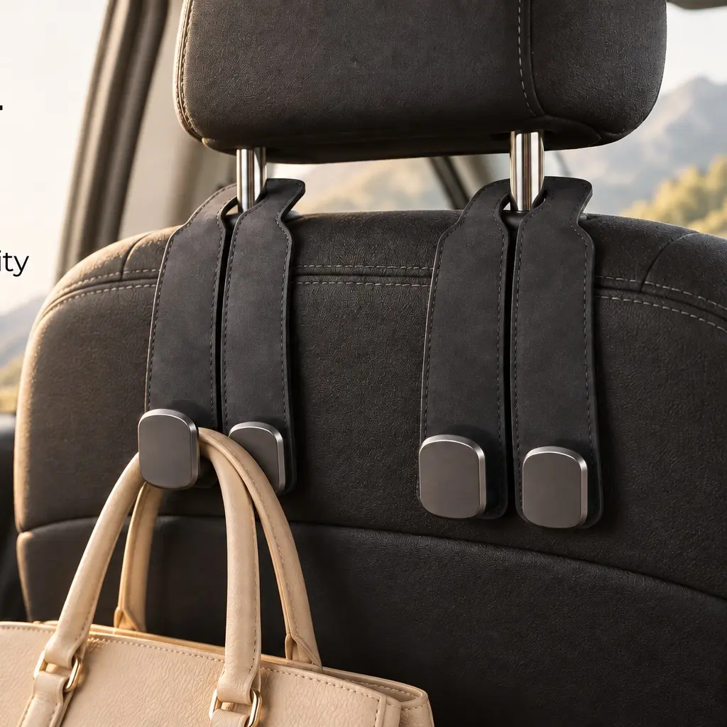 2-Pack Universal Leather Headrest Hooks for Cars, SUVs, and Trucks – 360° Rotating Double Hooks for Hanging Purses, 7.8 Inches Long, 0.7 Inches Deep, with a 16 lb Load Capacity