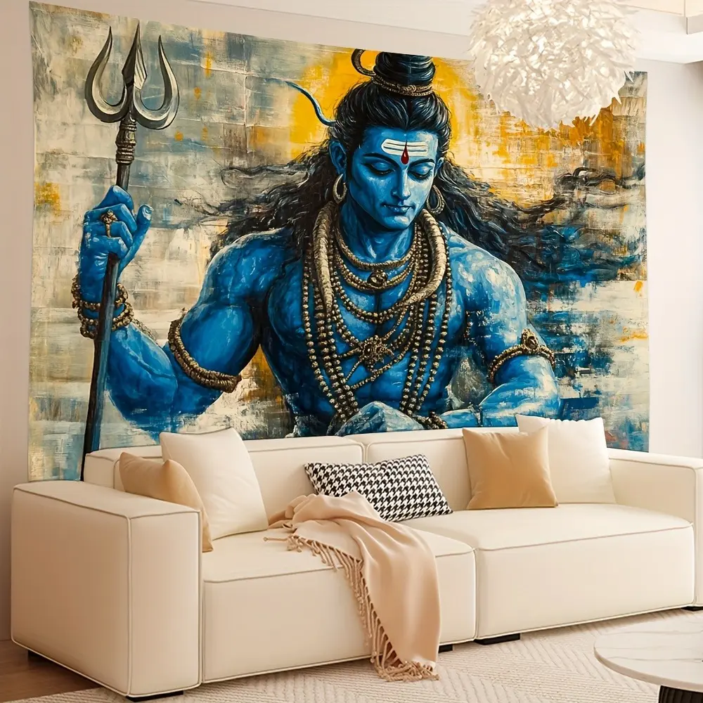 2D Flat-Print Synthetic Polyester Tapestry - Classic Watercolour Decorative Retro Hindu Gods Meditating in Cave Scene, Multi-Color Spiritual Wall Decoration, Glam Home Supplies Gift for Girls