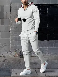 Men's Waffle-Knit Fitted Long Sleeve Hoodie & Joggers Set | Solid Color Thermal Lined Two-Piece Outfit | Casual Streetwear Loungewear (Black/Grey/Beige) | #SoftTexture #FallEssentials