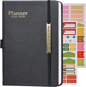 2025-2026 Daily Work Teacher Student Planner Weekly and Monthly Leather with 100 Pages, for Work, Study, Travel, Drawing, Sketching Project, A5 18 Month Calendars, 5.5" x 8.1", Black