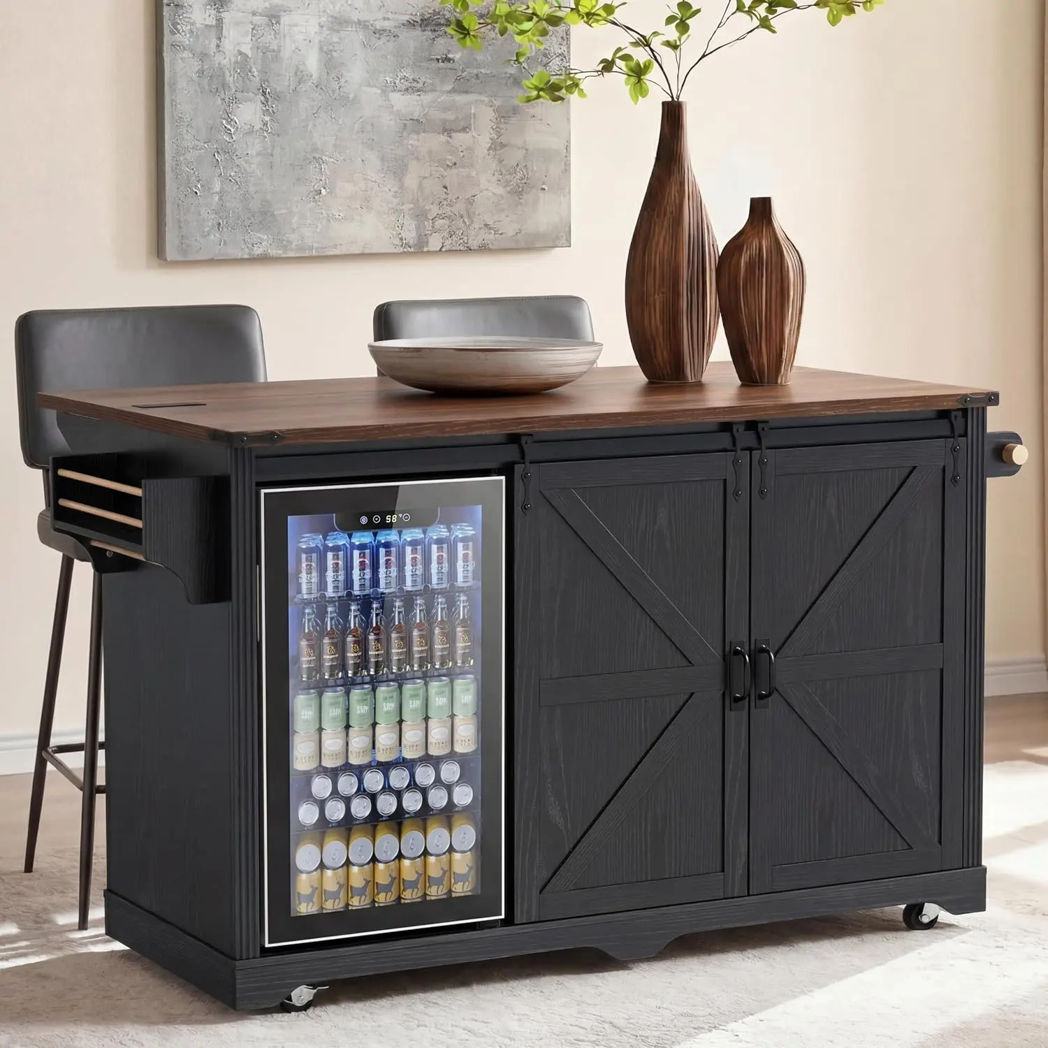 72" Farmhouse Kitchen Island with Fridge Storage Space & Power Outlet, Rolling Coffee Bar Cabinet on Wheels with 4 Drawers, Sliding Barn Door, Glass Holder, Drop Leaf, Island Kitchen Table, Black
