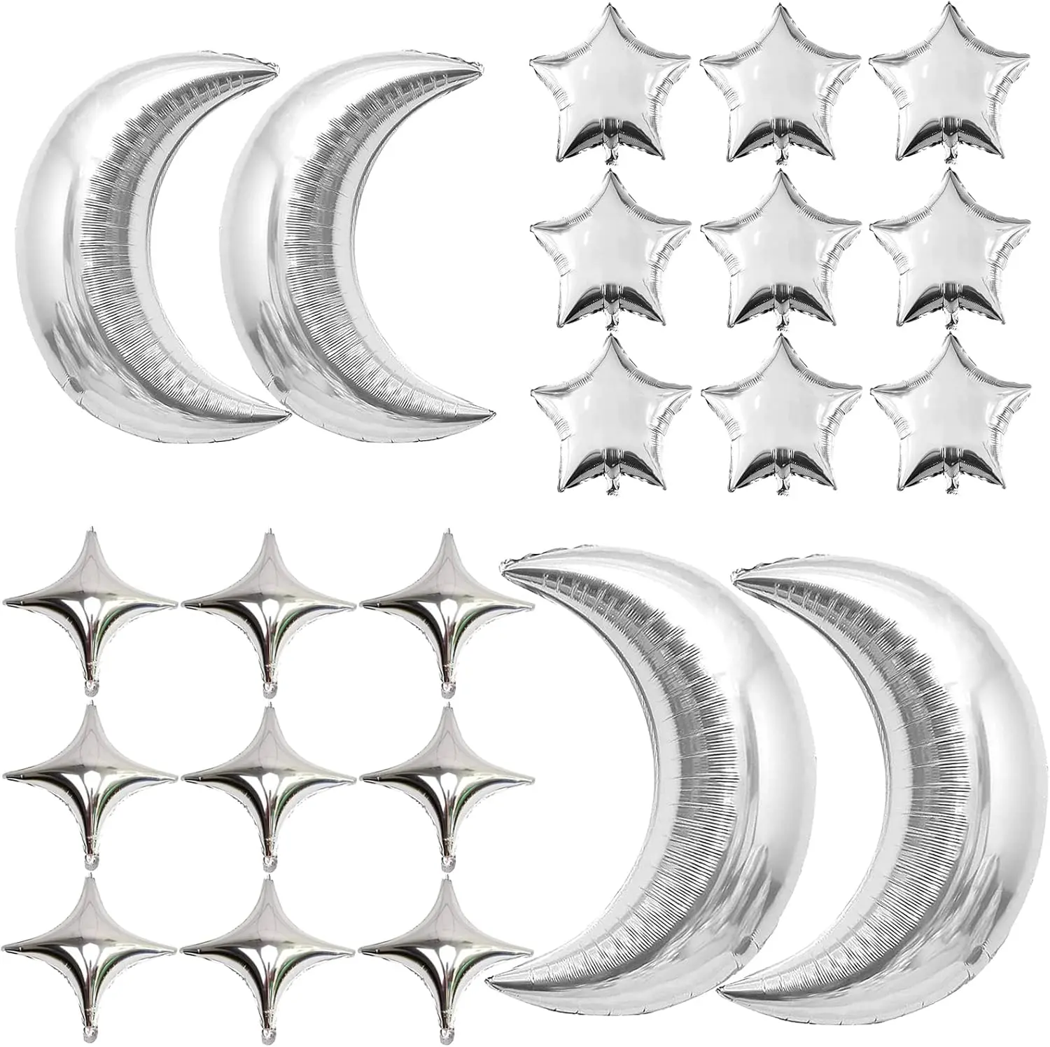 Glossy 54Pcs Star & Moon Foil Set - 50Pcs Silver Stars + 4Pcs Large Gold-Silver Moons for Door Backdrop, Magical Wall Decor (Baby Shower, Birthday)